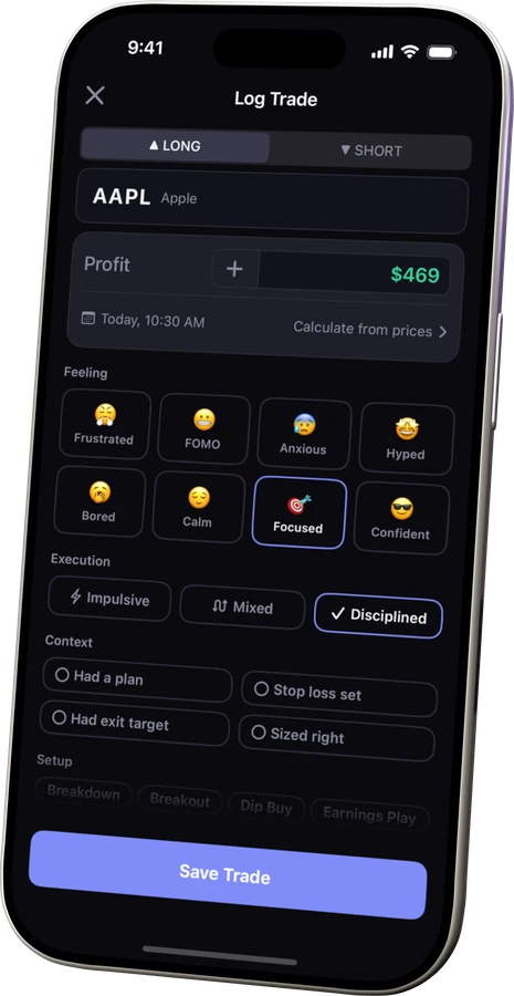 Kyra trade entry screen showing trade details and optional context