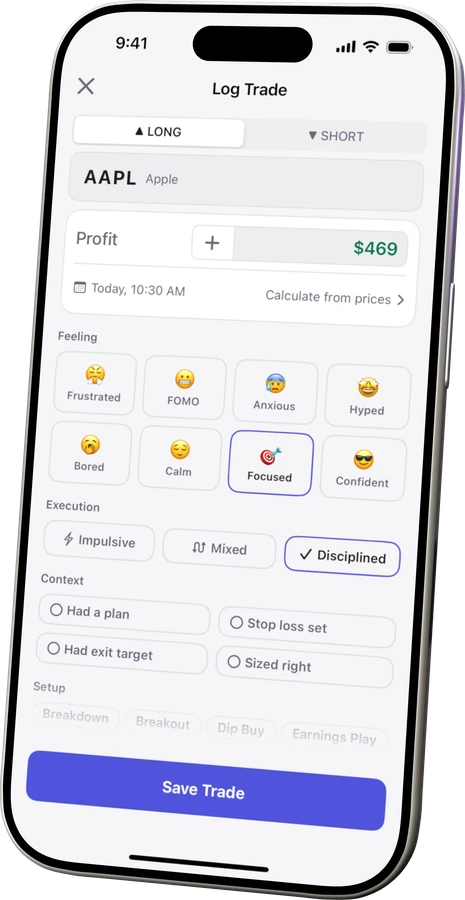 Kyra trade entry screen showing trade details and optional context