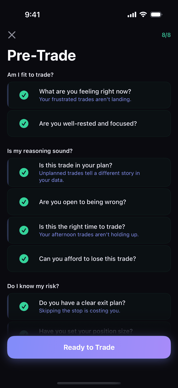 Kyra Trading pre-trade checklist showing ready-to-trade state