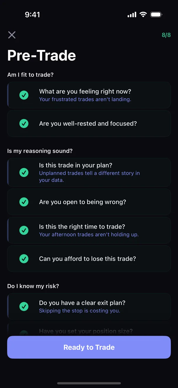 Kyra's pre-trade checklist screen (sample data shown)