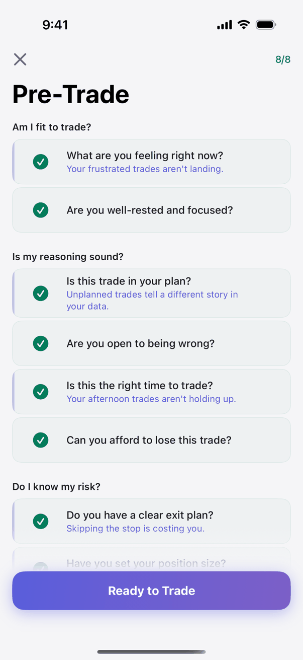 Kyra Trading pre-trade checklist showing ready-to-trade state