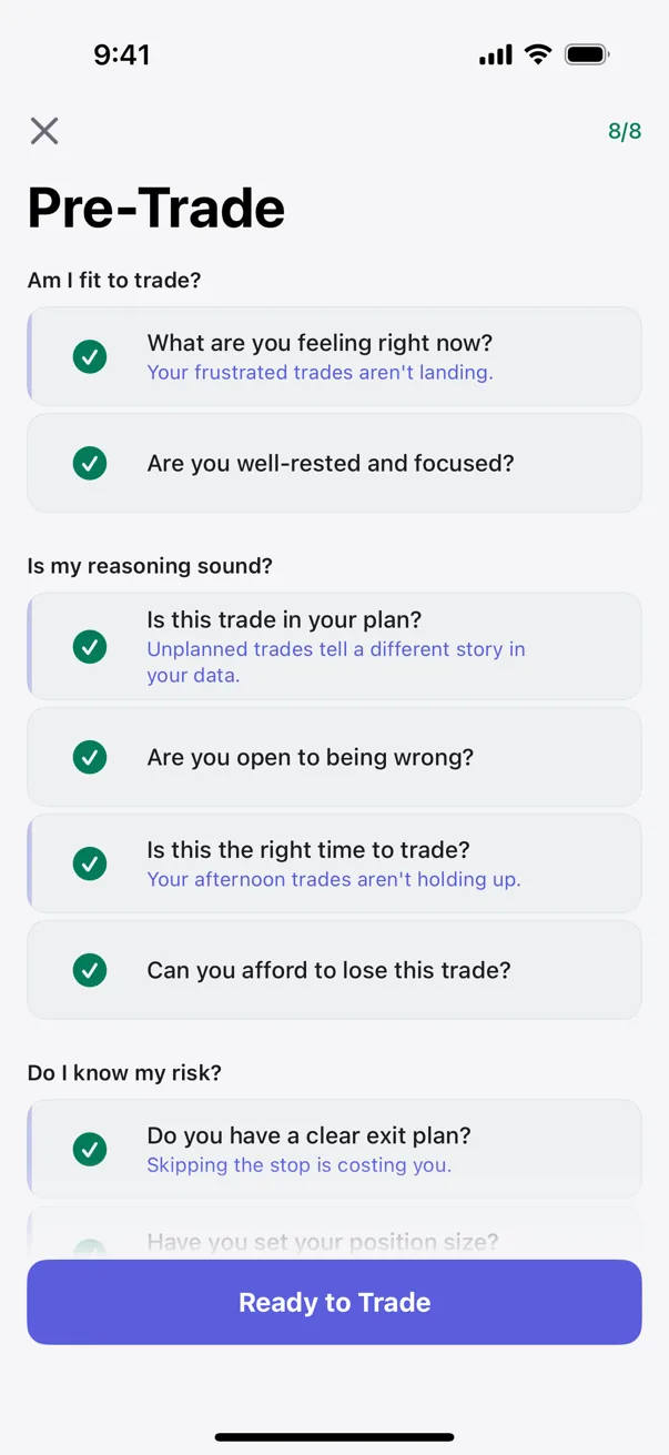 Kyra's pre-trade checklist screen (sample data shown)