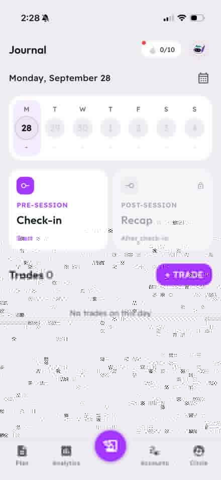 Plancana Journal showing pre-session Check-in, locked post-session Recap, reviewed trade, and 1/10 review progress