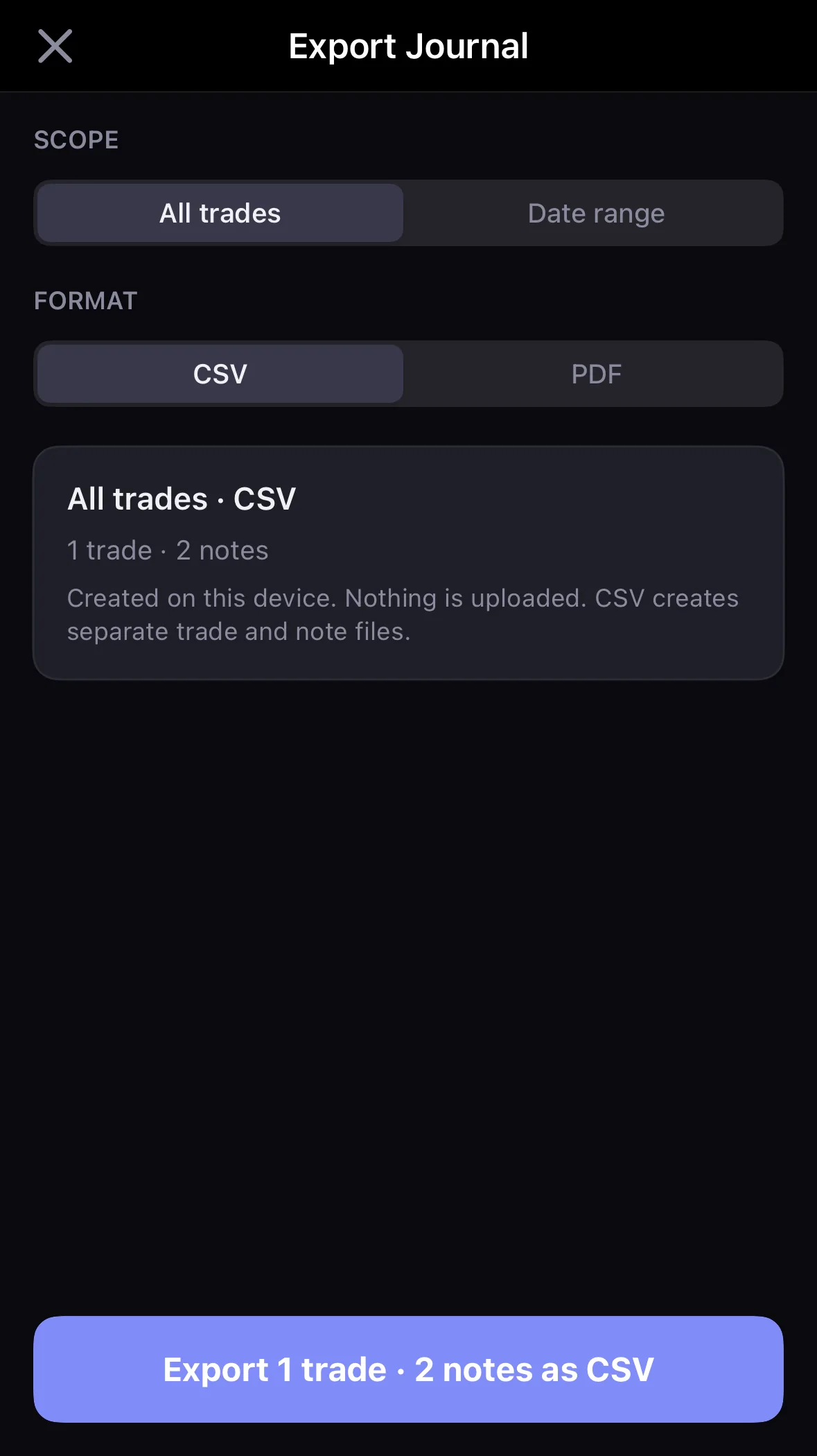 Actual Kyra Export Journal screen in dark mode showing All trades and CSV selected with trade and journal note counts