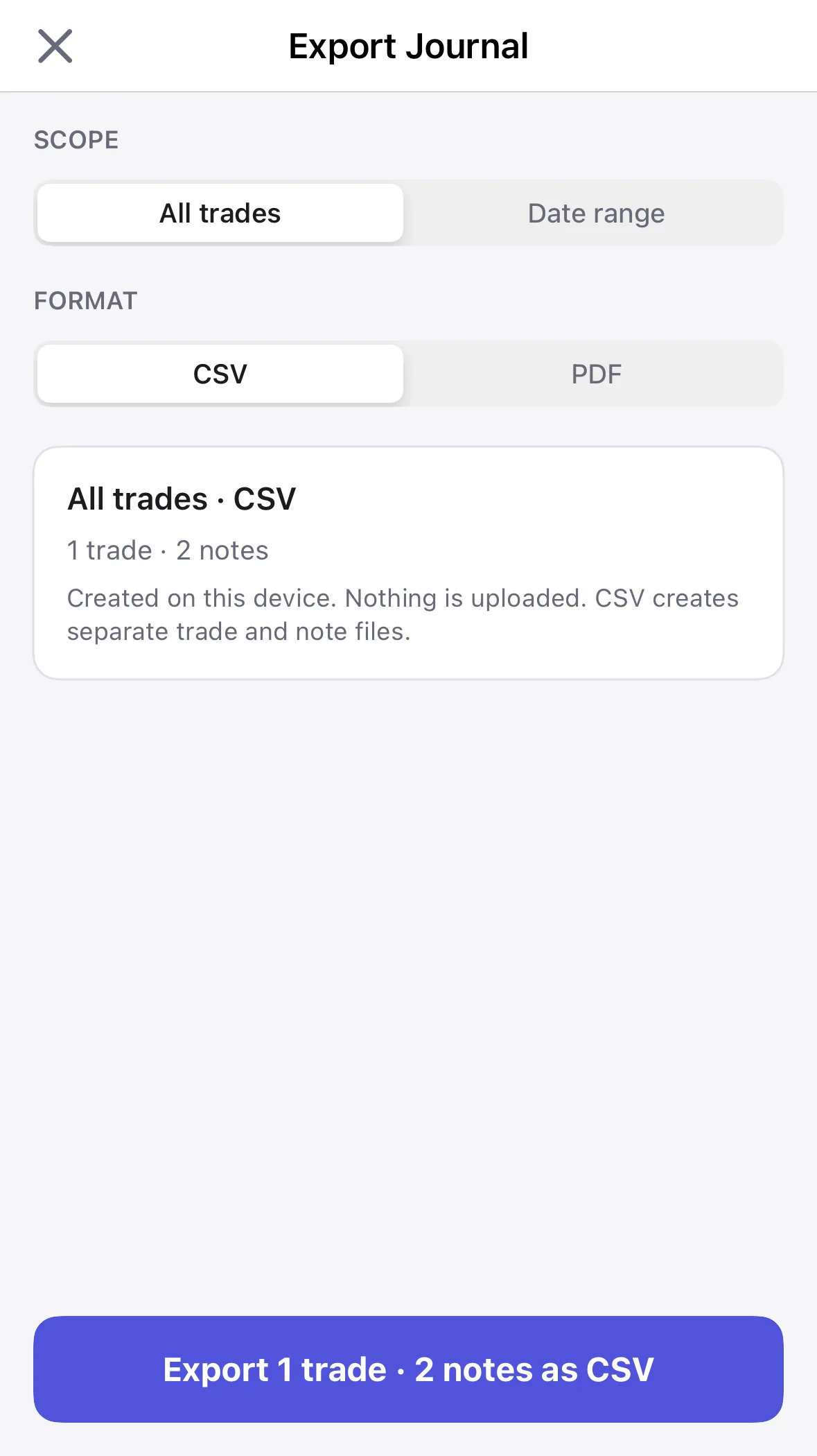 Actual Kyra Export Journal screen in light mode showing All trades and CSV selected with trade and journal note counts