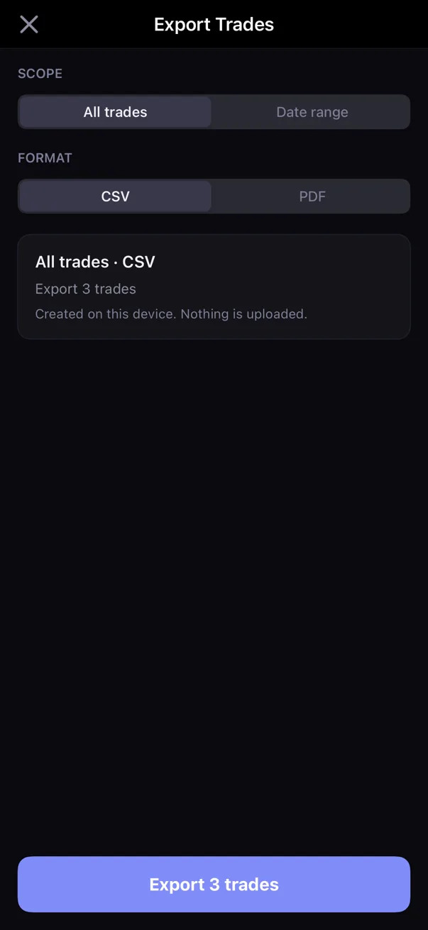 Actual Kyra Export Trades screen in dark mode showing All trades and CSV selected with three matching trades