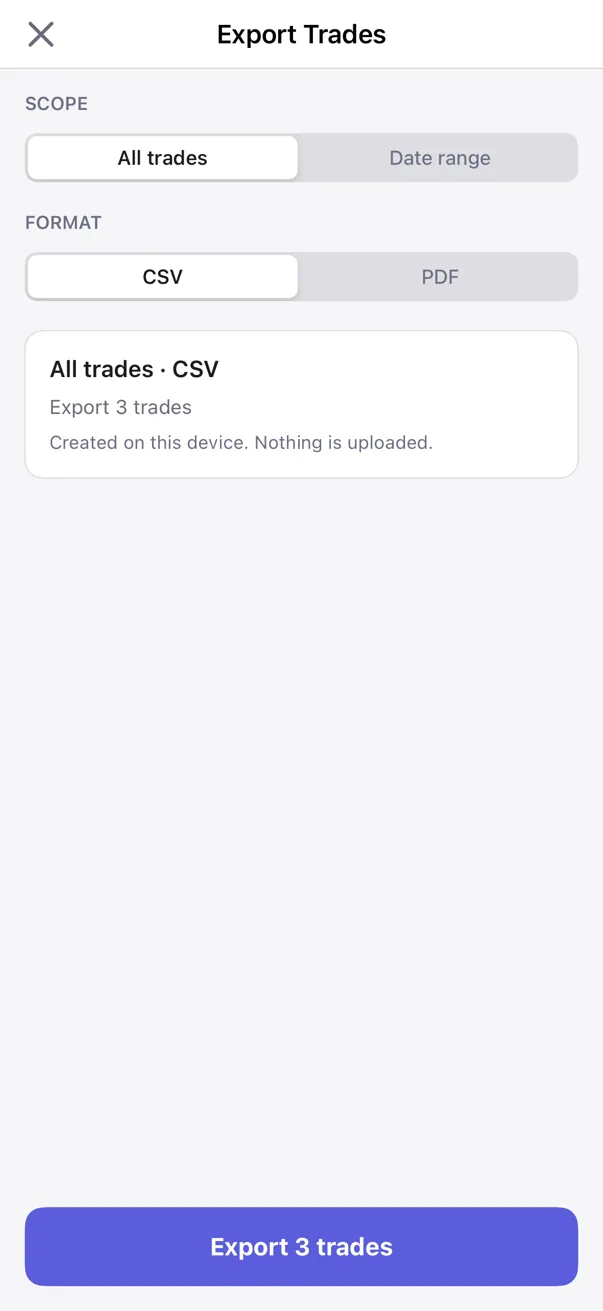 Actual Kyra Export Trades screen in light mode showing All trades and CSV selected with three matching trades
