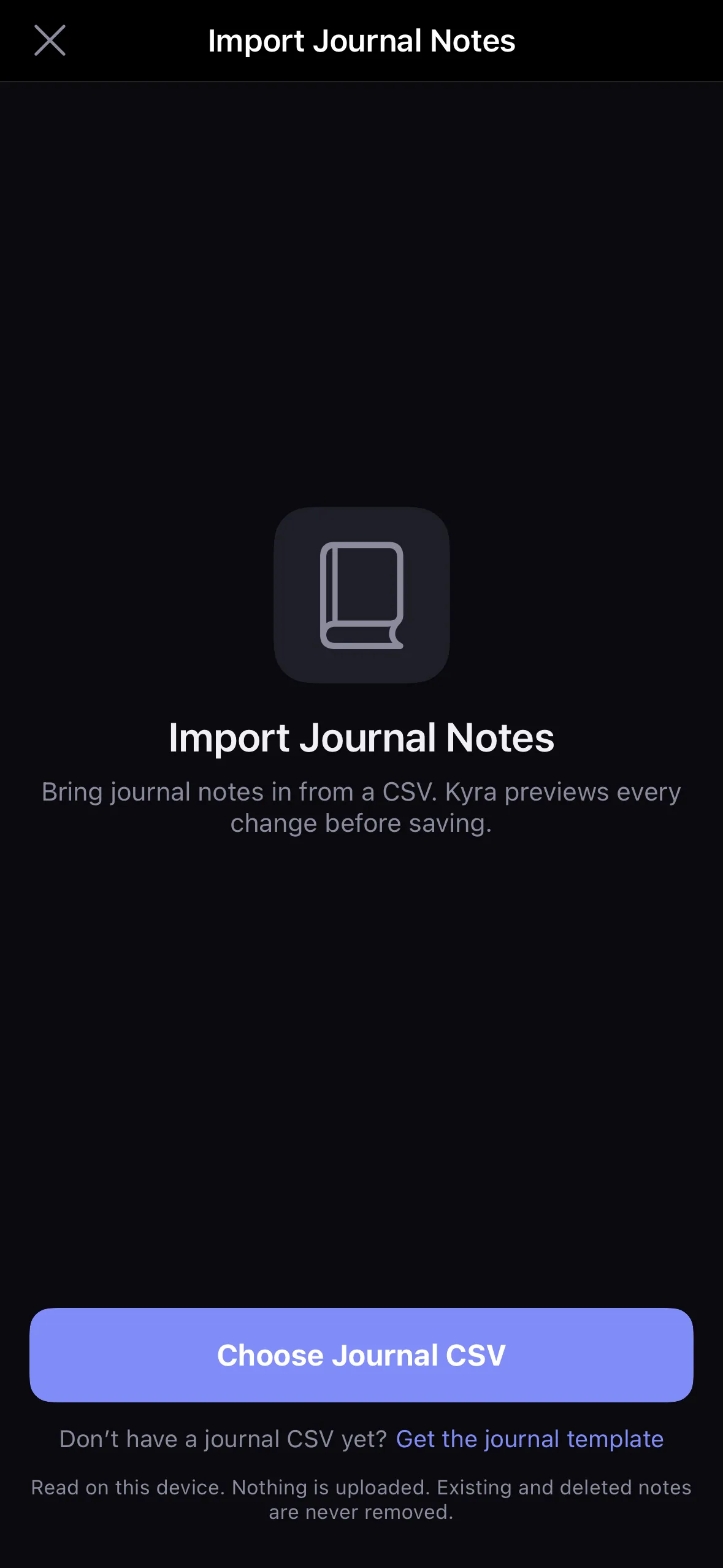 Actual Kyra Import Journal Notes screen in dark mode with Choose Journal CSV