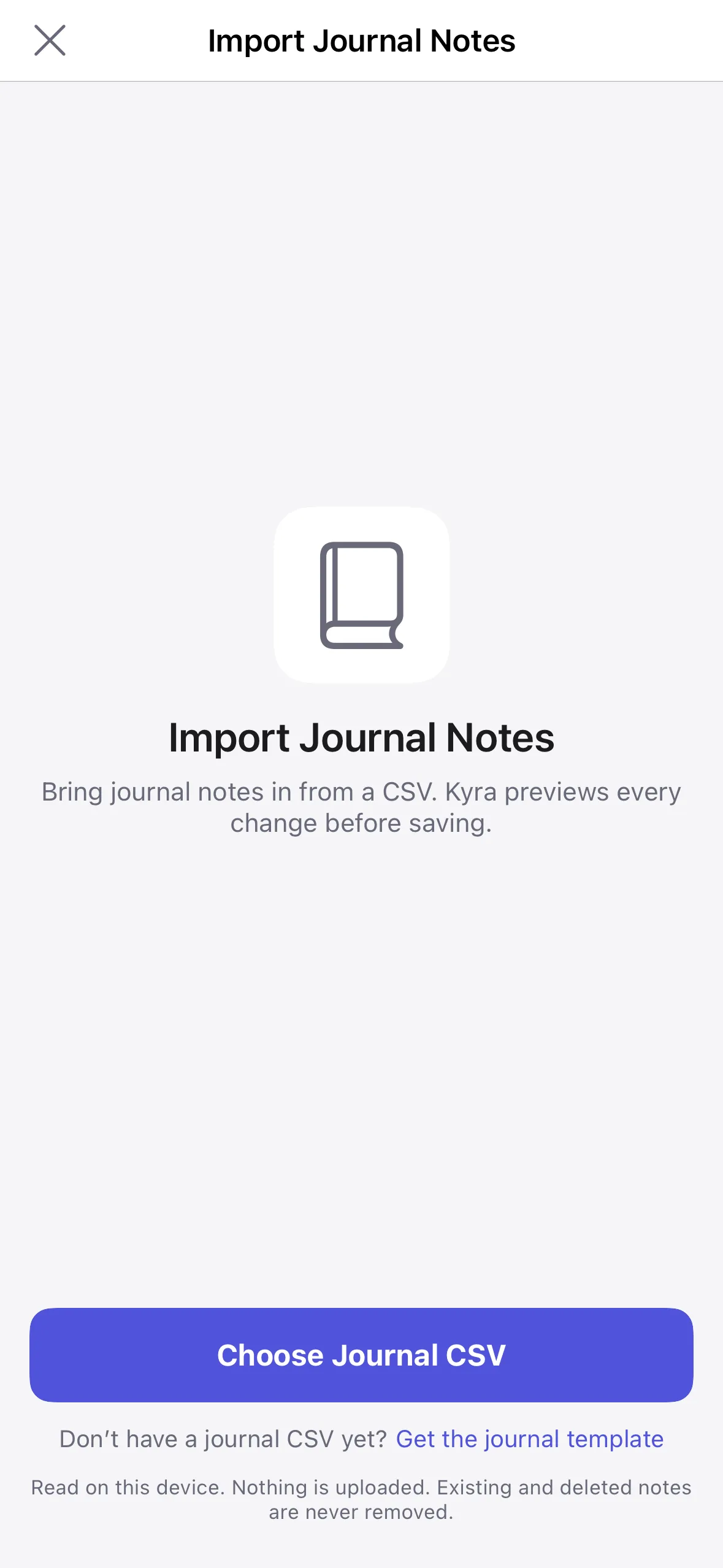 Actual Kyra Import Journal Notes screen in light mode with Choose Journal CSV