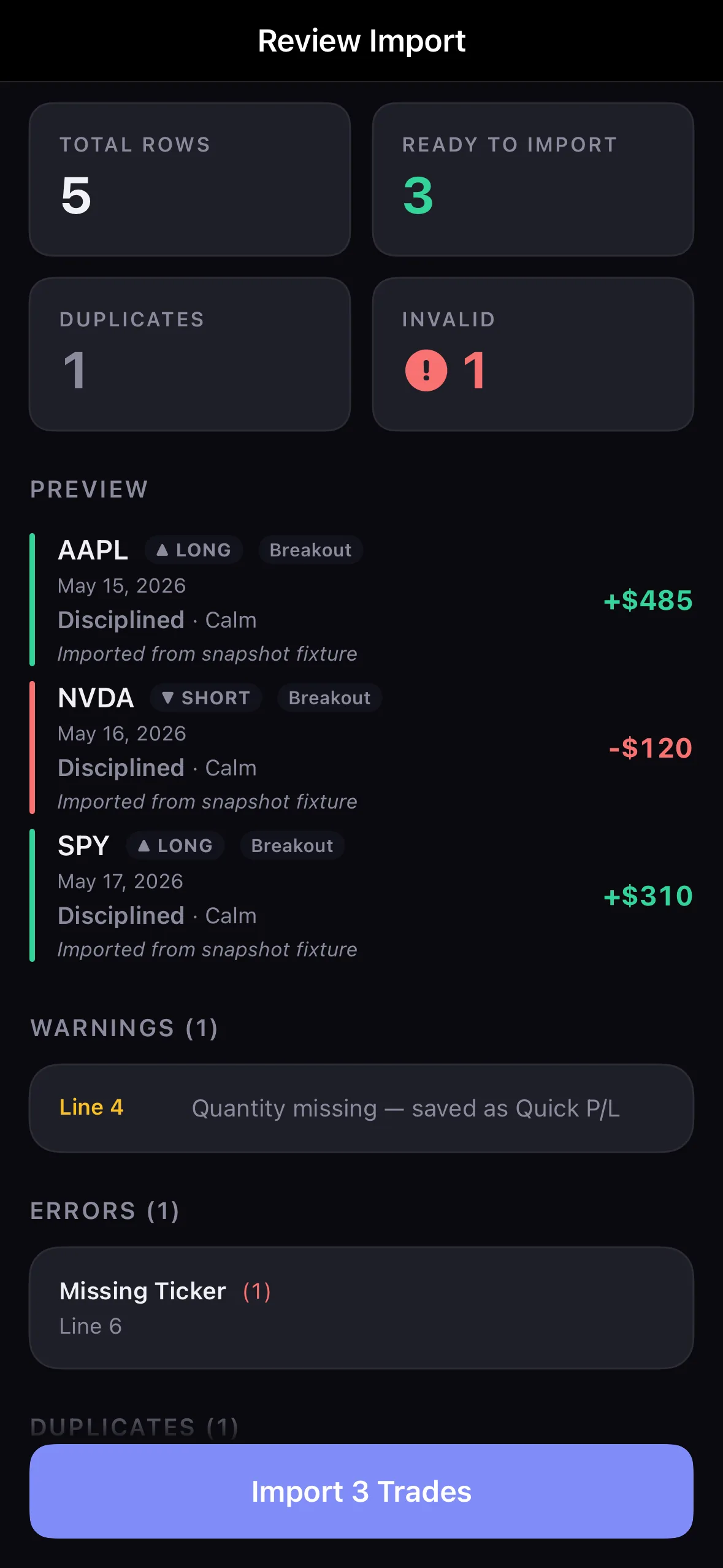 Actual Kyra Review Import screen in dark mode showing Total, Ready, Duplicates and Invalid counts with sample trades
