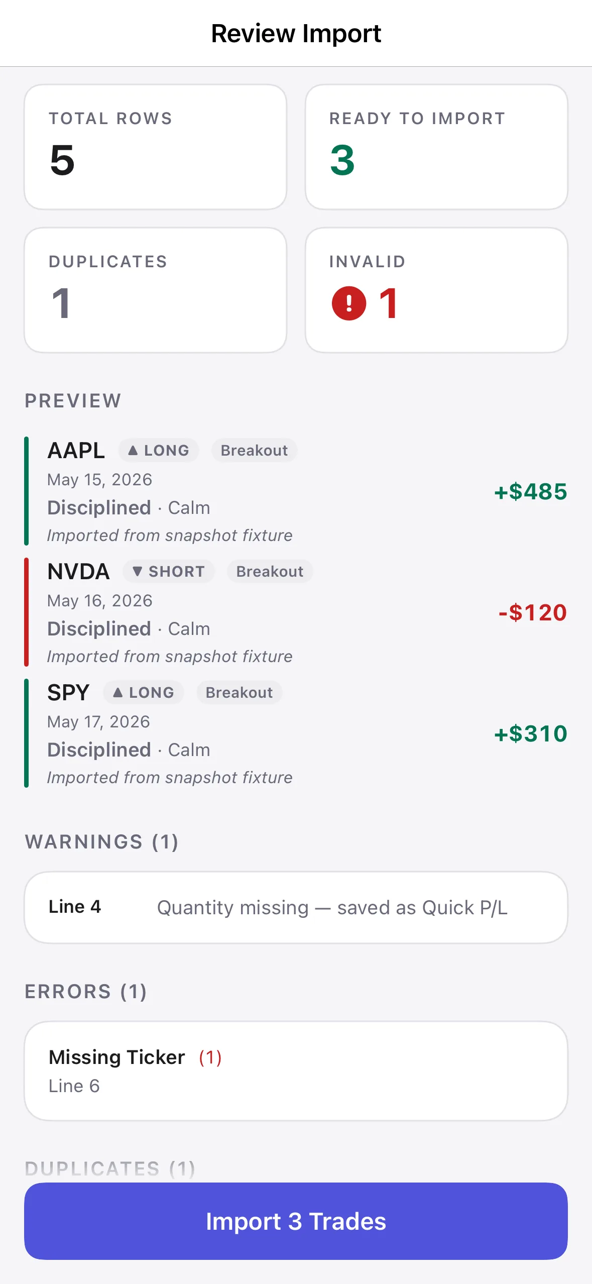 Actual Kyra Review Import screen in light mode showing Total, Ready, Duplicates and Invalid counts with sample trades