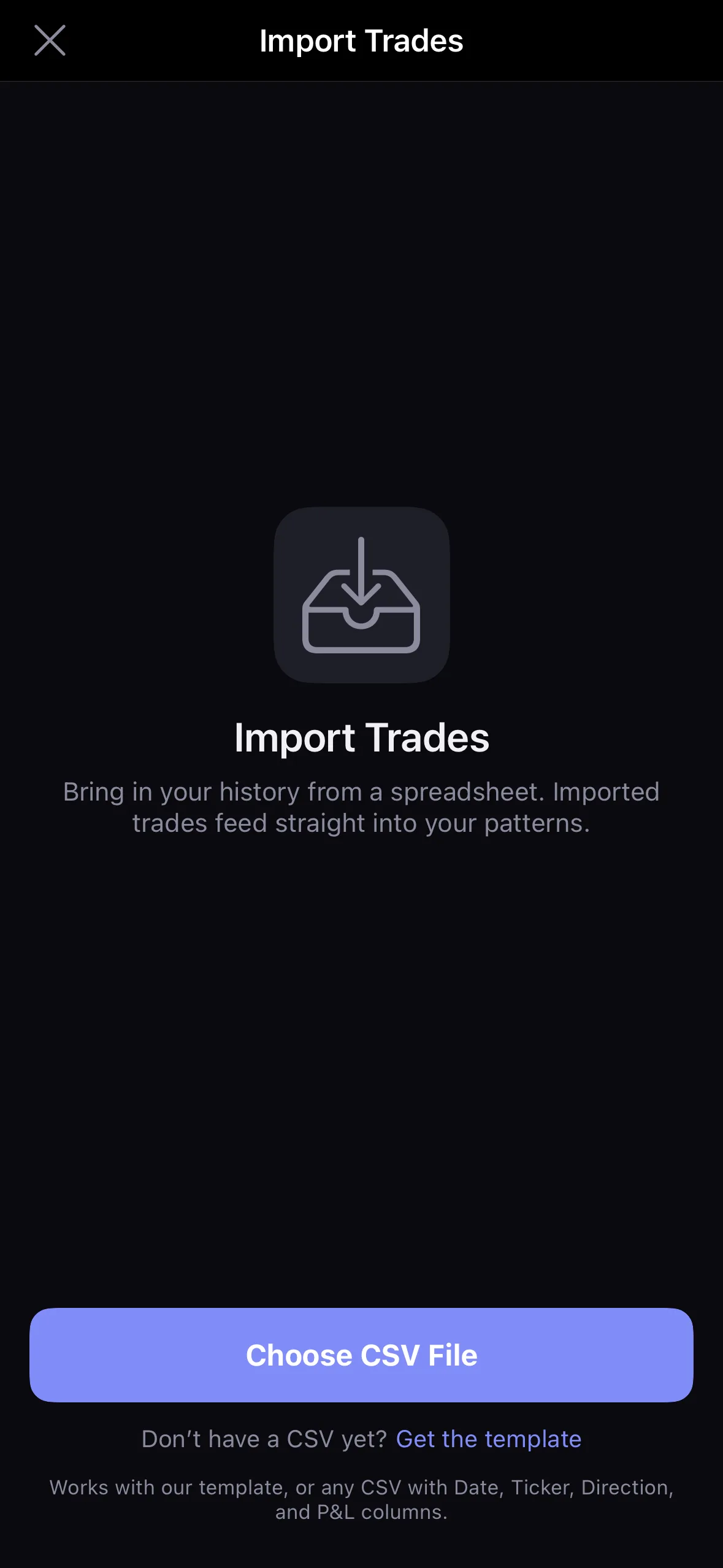Actual Kyra Import Trades screen in dark mode with Choose File and Get the template actions