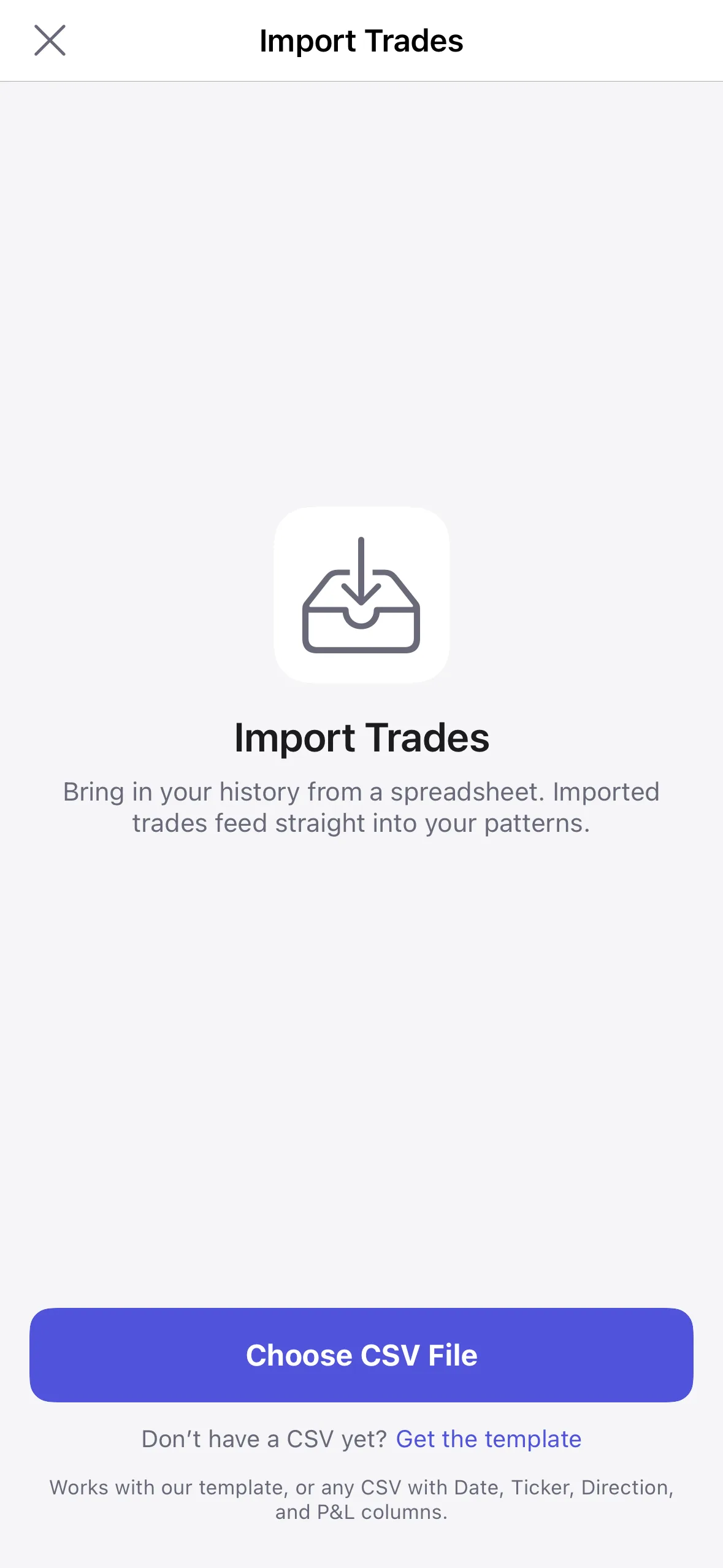 Actual Kyra Import Trades screen in light mode with Choose File and Get the template actions