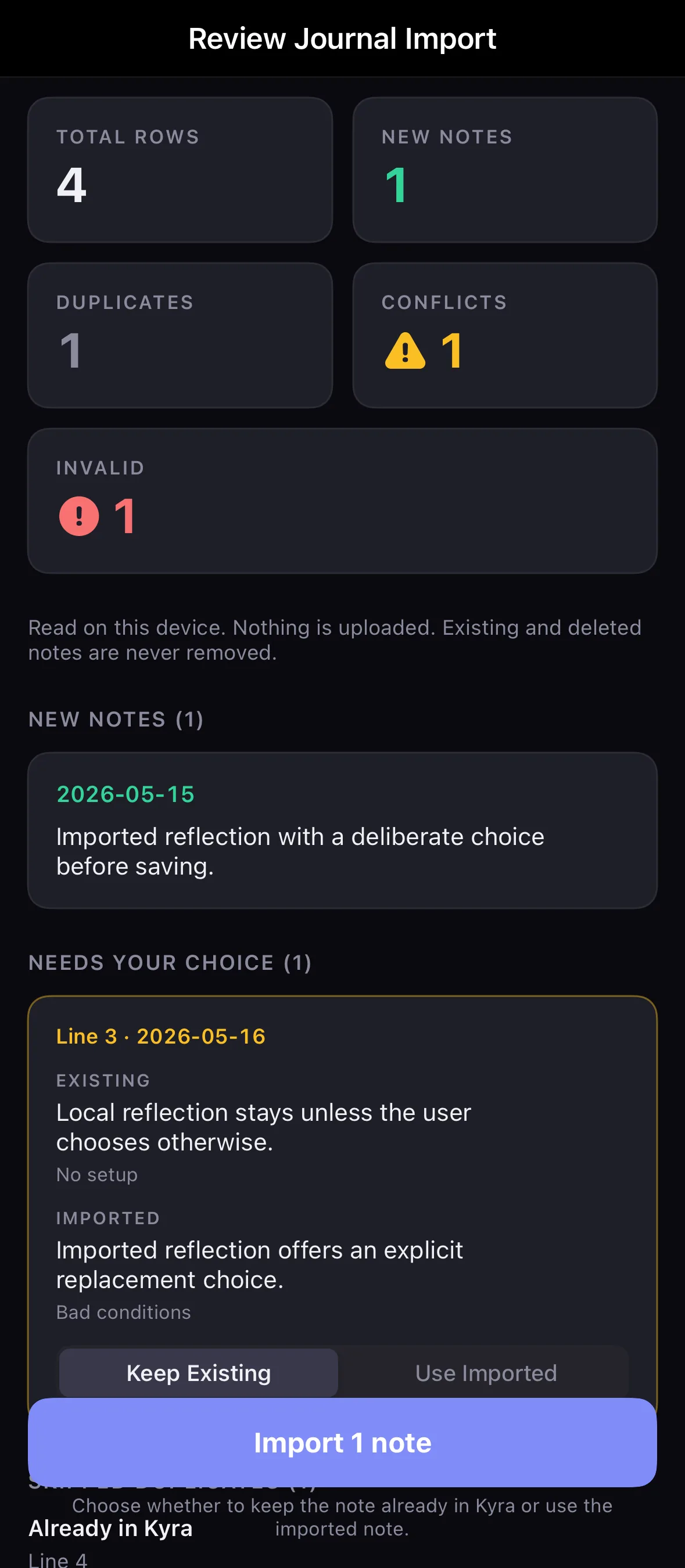 Actual Kyra journal note import preview in dark mode showing a conflicting note and Keep Existing selected