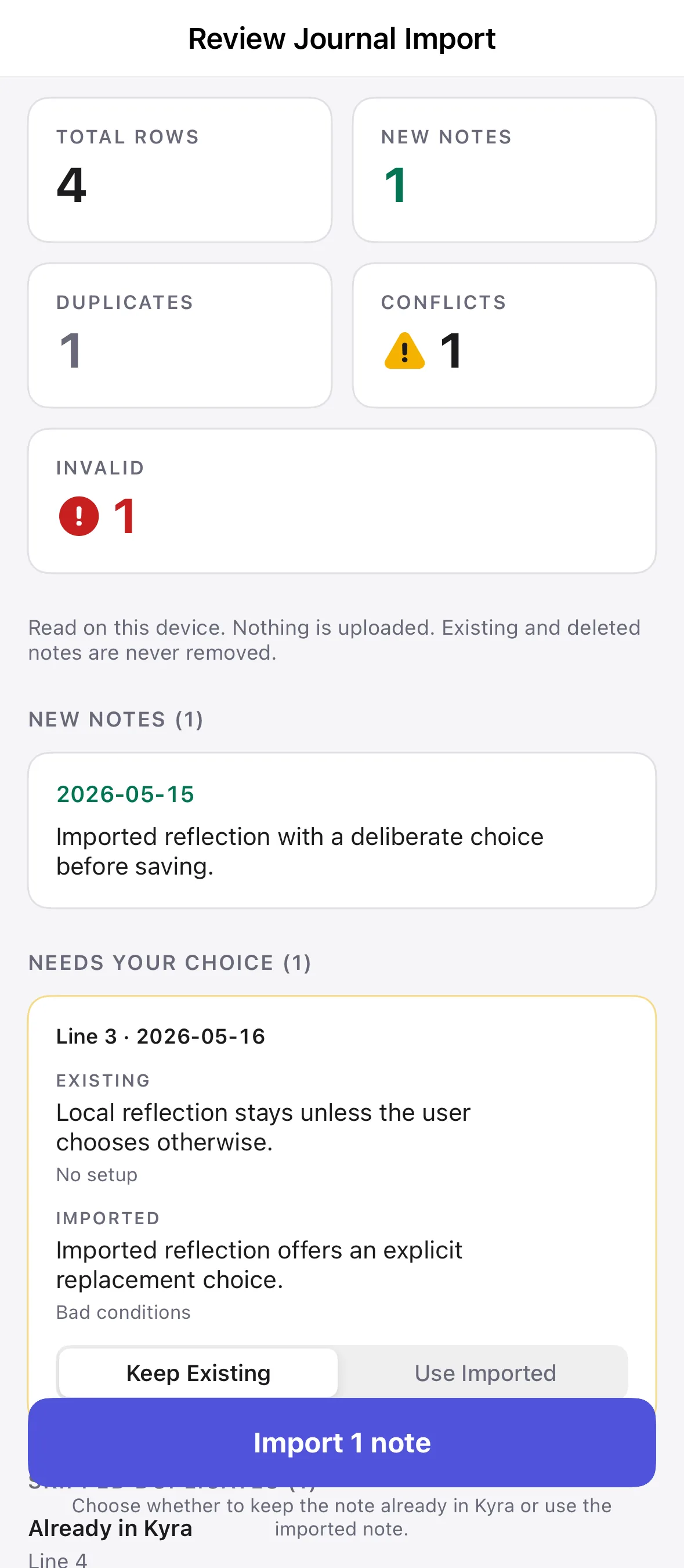 Actual Kyra journal note import preview in light mode showing a conflicting note and Keep Existing selected
