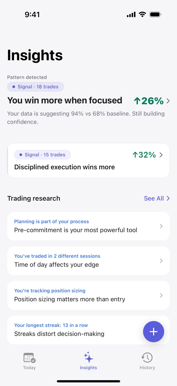 Kyra's patterns screen listing detected behavioral patterns from your own history (sample data shown)
