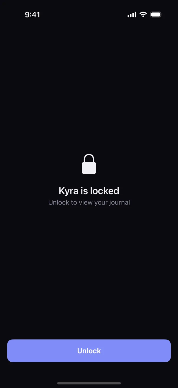 Actual Kyra Privacy Lock screen in dark mode showing the locked journal and Unlock button