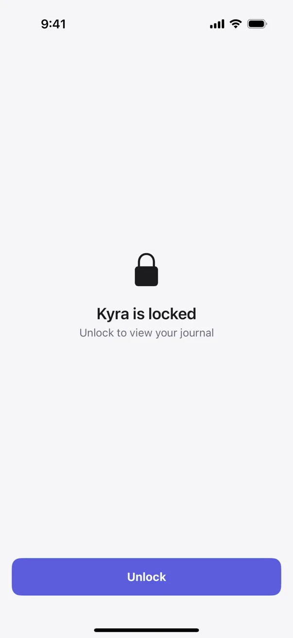 Actual Kyra Privacy Lock screen in light mode showing the locked journal and Unlock button