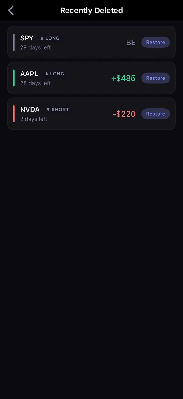 Actual Kyra Recently Deleted screen in dark mode showing three recoverable trades with Restore actions