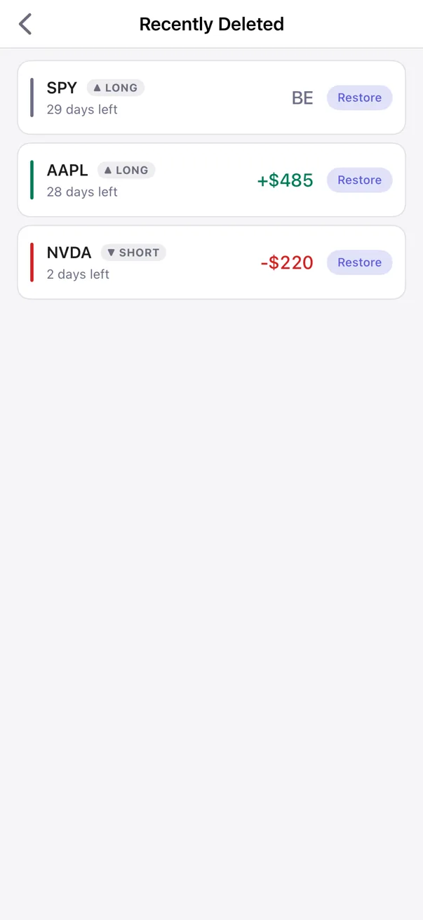 Actual Kyra Recently Deleted screen in light mode showing three recoverable trades with Restore actions