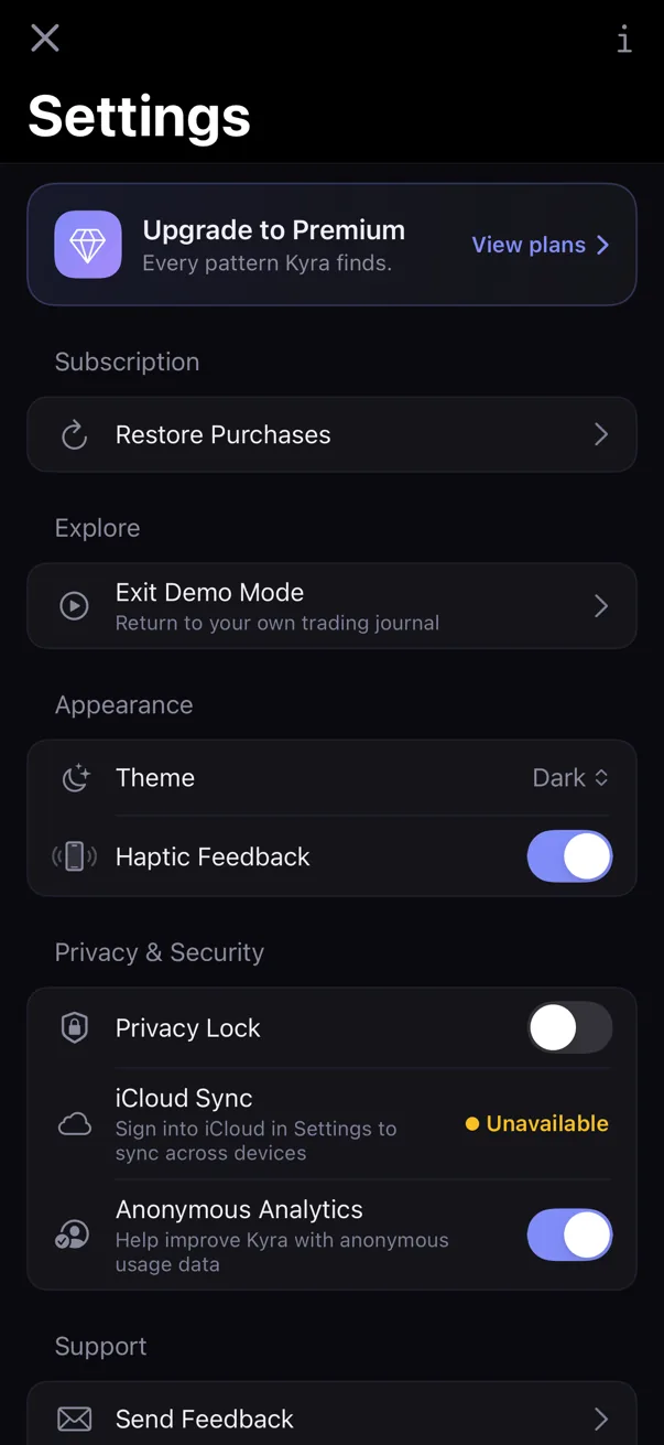 Actual Kyra Settings screen in dark mode showing Exit Demo Mode in the Explore section