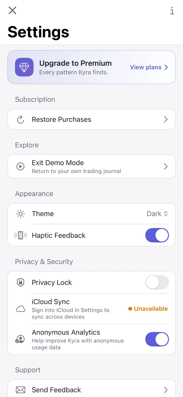 Actual Kyra Settings screen in light mode showing Exit Demo Mode in the Explore section