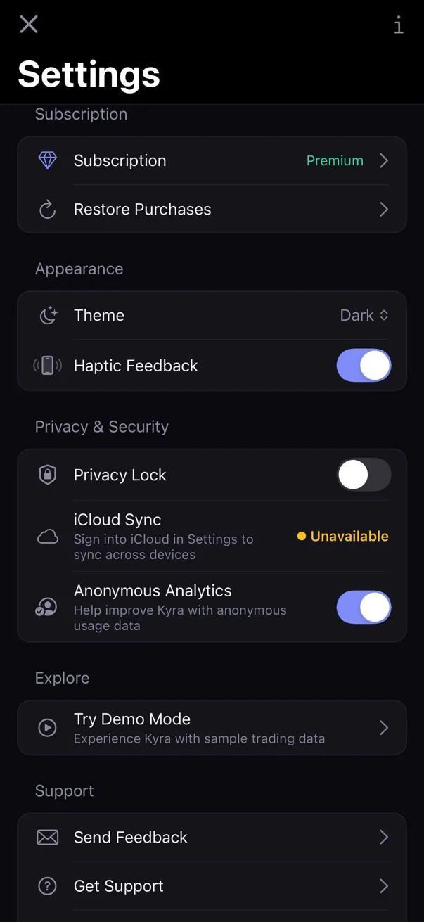 Actual Kyra Settings screen in dark mode showing an active Premium subscription and Restore Purchases