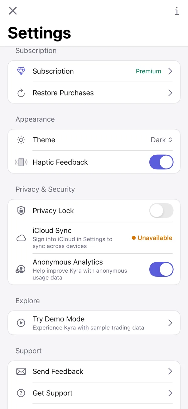 Actual Kyra Settings screen in light mode showing an active Premium subscription and Restore Purchases