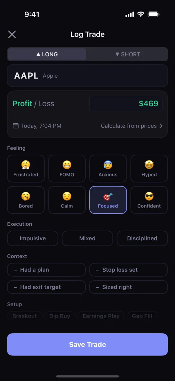 Kyra's quick trade entry screen (sample data shown)