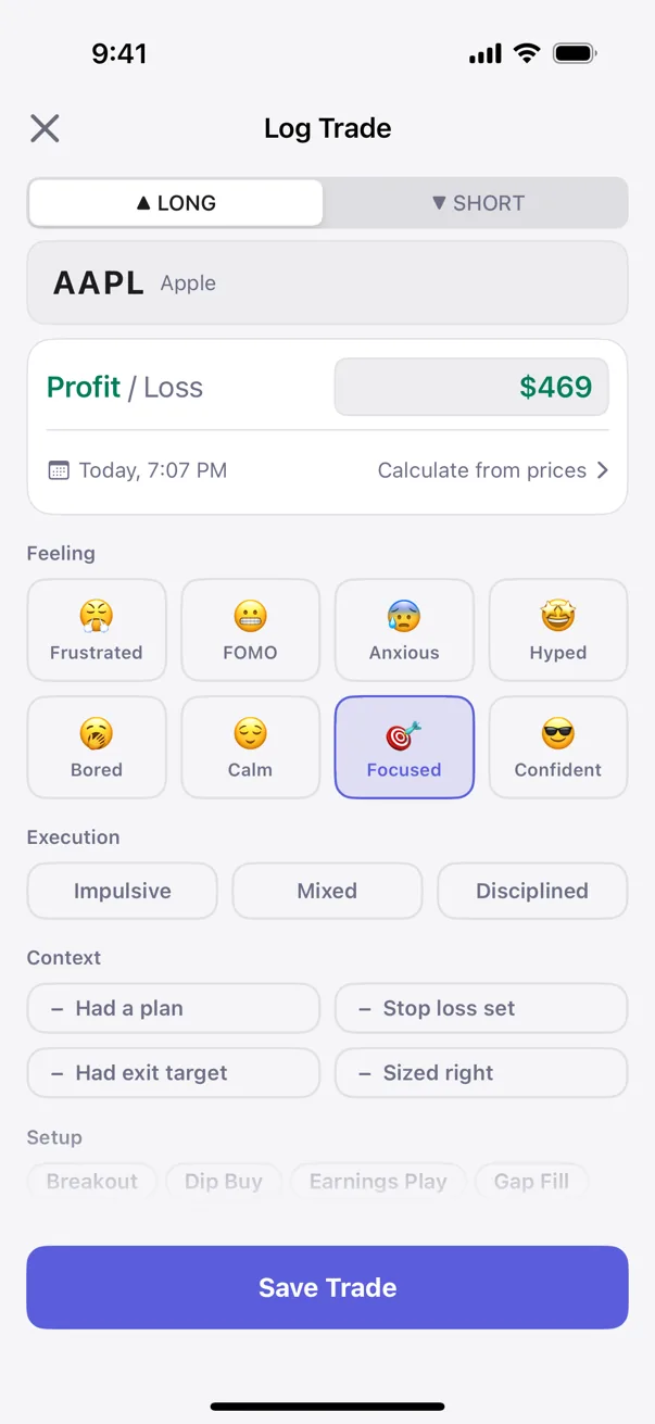 Kyra's quick trade entry screen (sample data shown)